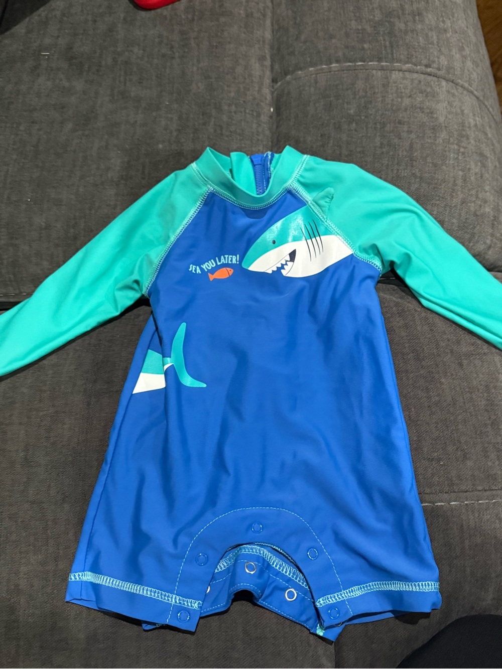 Little Me Blue and Teal Shark Long-Sleeve Rashguard One-Piece